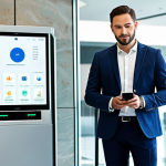 A professional male in a tailored business suit and modest clothing, standing confidently in a modern, high-tech banking lobby. He is holding a smartphone, with a digital payment interface clearly visible on the screen, indicating a secure transaction. The environment is clean, bright, and features subtle abstract elements representing data flow. The scene conveys stability, efficiency, and reliability in digital finance. fully clothed, appropriate attire, safe for work, perfect anatomy, correct proportions, natural pose, well-formed hands, proper finger count, natural body proportions, professional photography, high quality, family-friendly.
